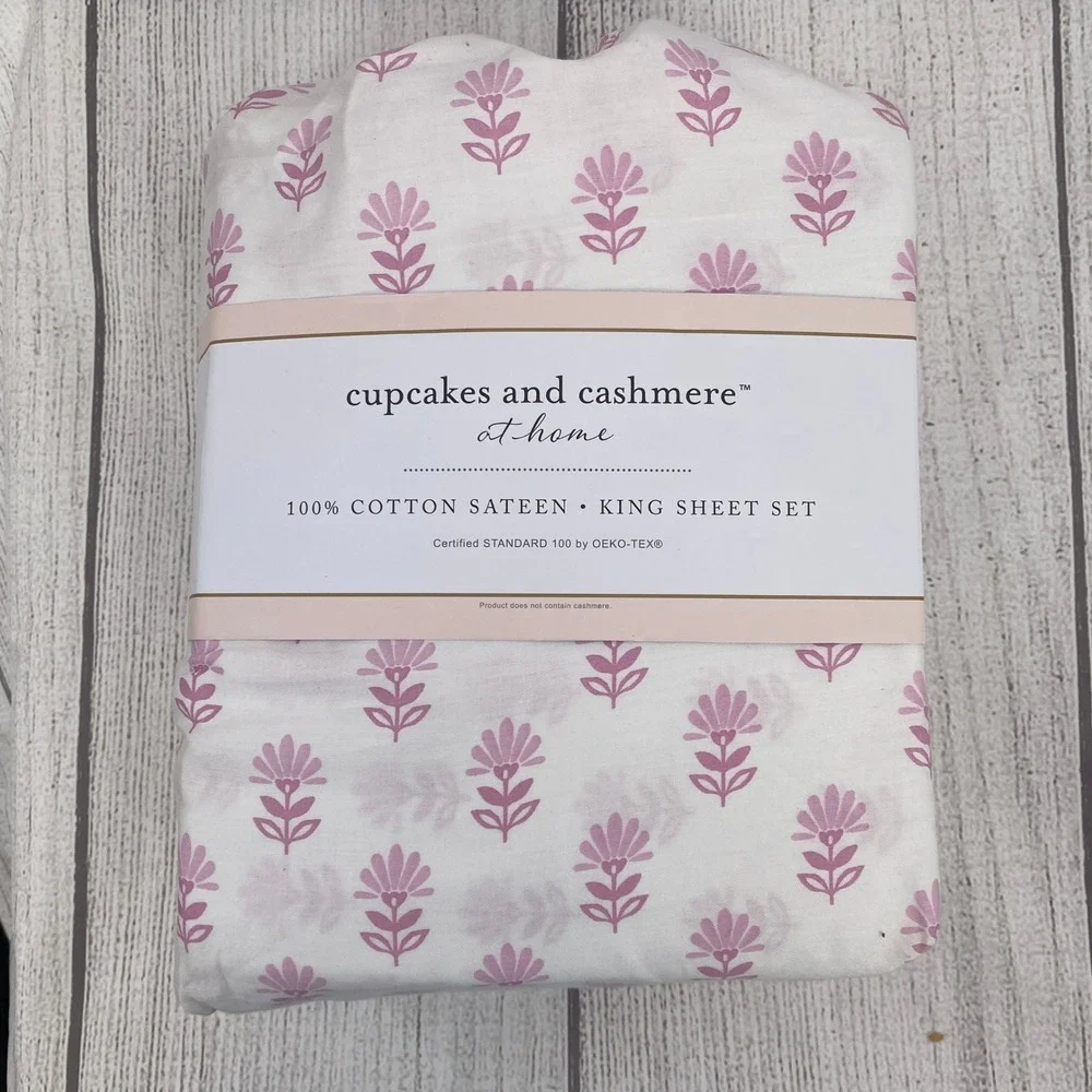 Cupcakes and Cashmere Sheet Set King White Pink Floral 100% Cotton Sateen 4pc